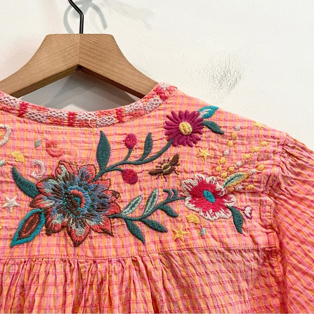 Johnny Was Olinda Embroidered Puff Sleeve Textured Blouse